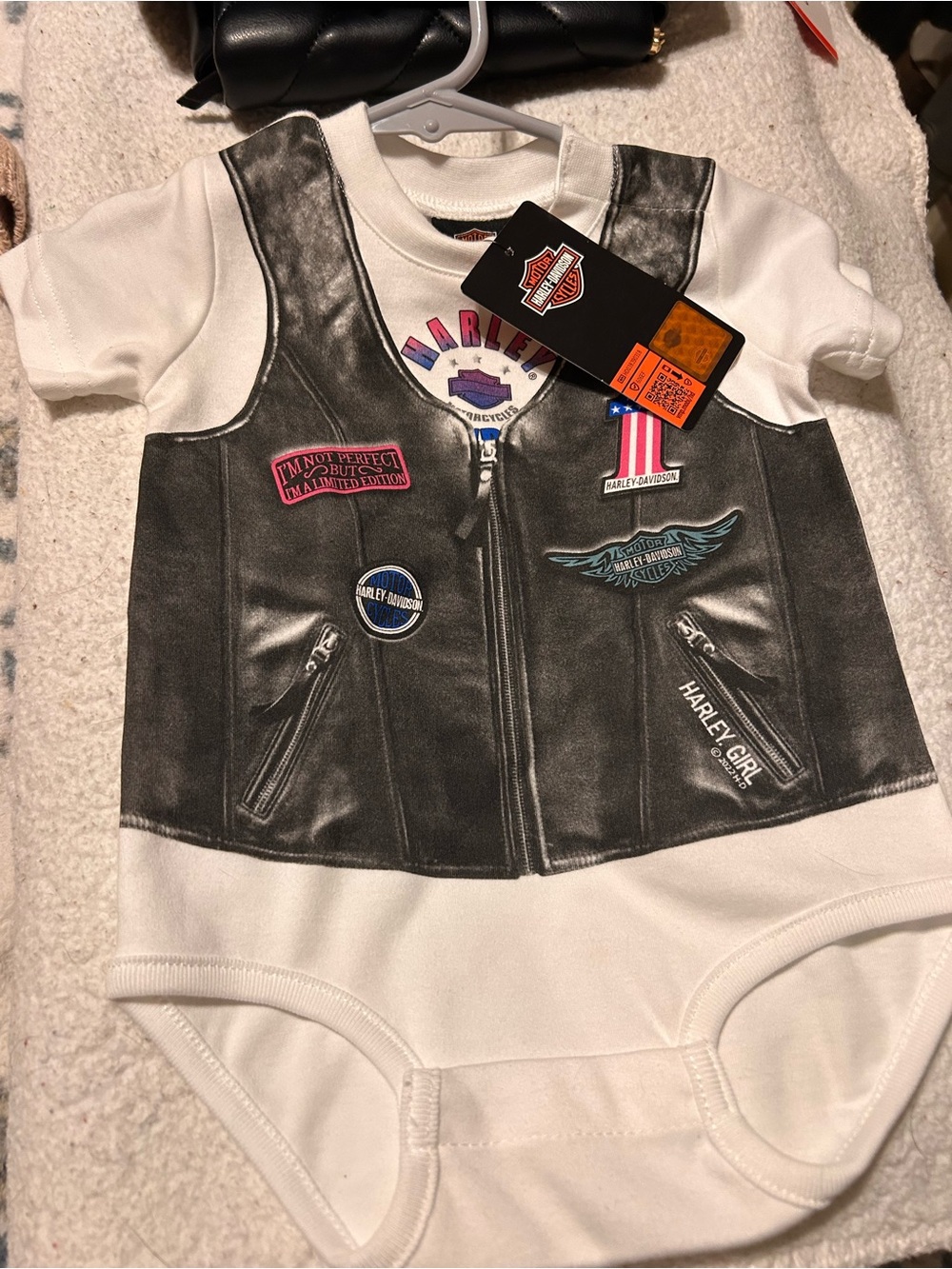 Harley-Davidson White Onesie with Faux Black Vest and Patches